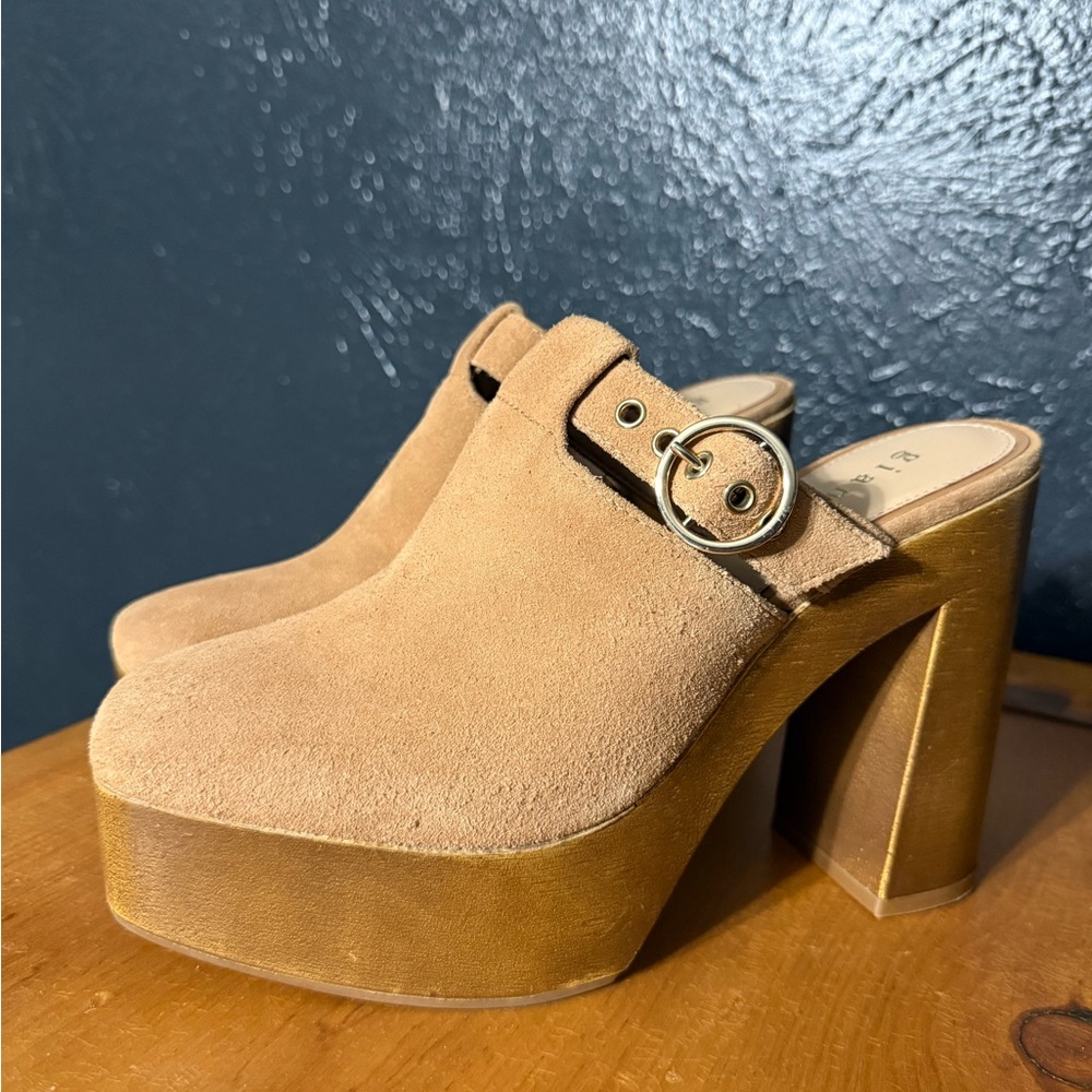 Gianni Bini Tan Suede Mules with Gold Buckles - Picture 2 of 6